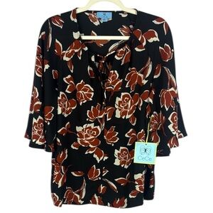 CeCe Floral Black and Orange 3/4 Flare Sleeve Tie Front Blouse